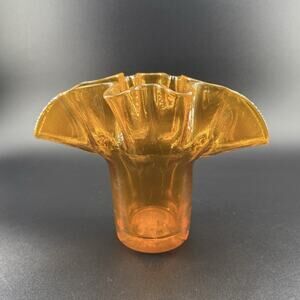 Vase Orange Hand Crafted Blown Art Glass Ruffled Hat Vase Crimped Rim MCM